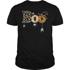 Boo Halloween T-Shirt With Spiders And Witch Hat
