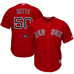 Mookie Betts Boston Red Sox Majestic 2018 World Series Champions Team Logo Player Jersey – Scarlet